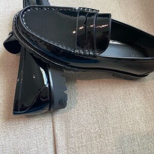 PAIGE Black Patent Leather Lug-Sole Penny Loafers Size 7 Like new. Worn once